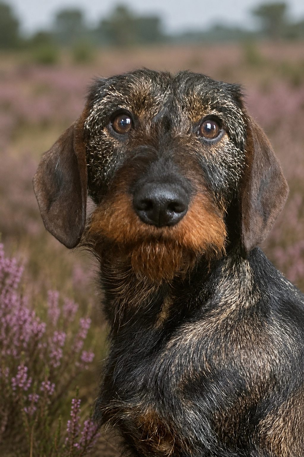 Lotje, een ruwhaar teckel op de heide